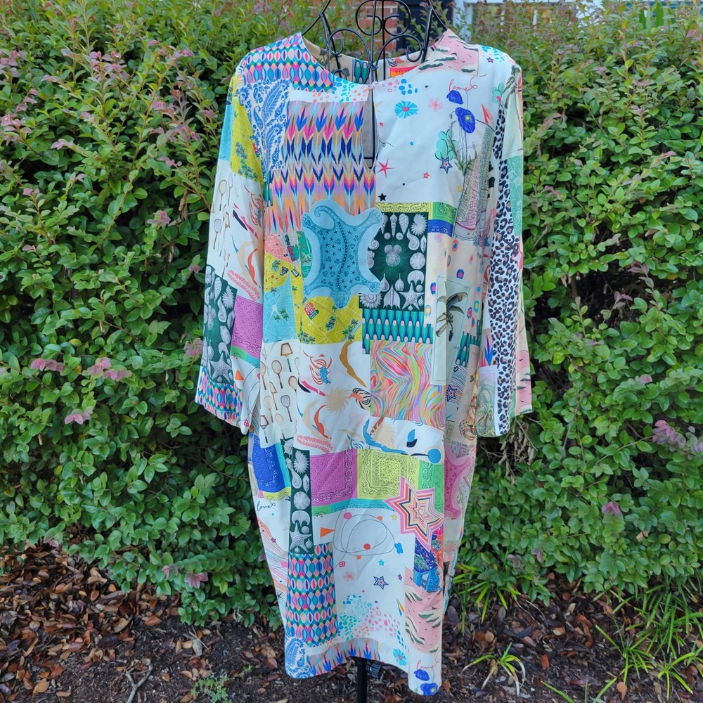 Vilagallo 44 Shift Dress Multicolor Patchwork Print Keyhole Artsy Lightweight 10